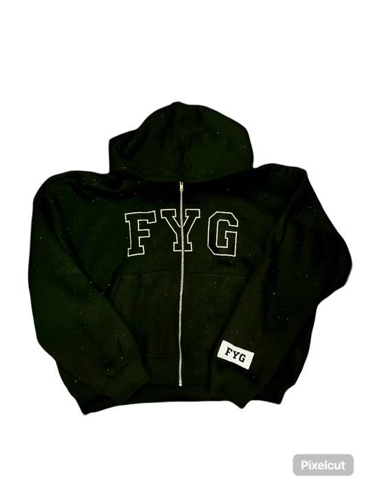 Rhinestone Zip Up - Black Embroidered Font